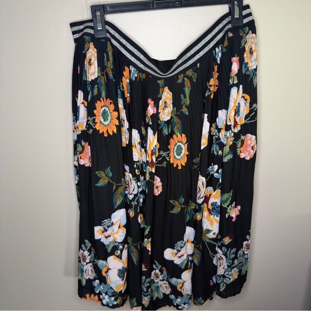 Ava & Viv Floral Pleated Plus Size Skirt 2X Boho Midi Stretch Waist EUC
